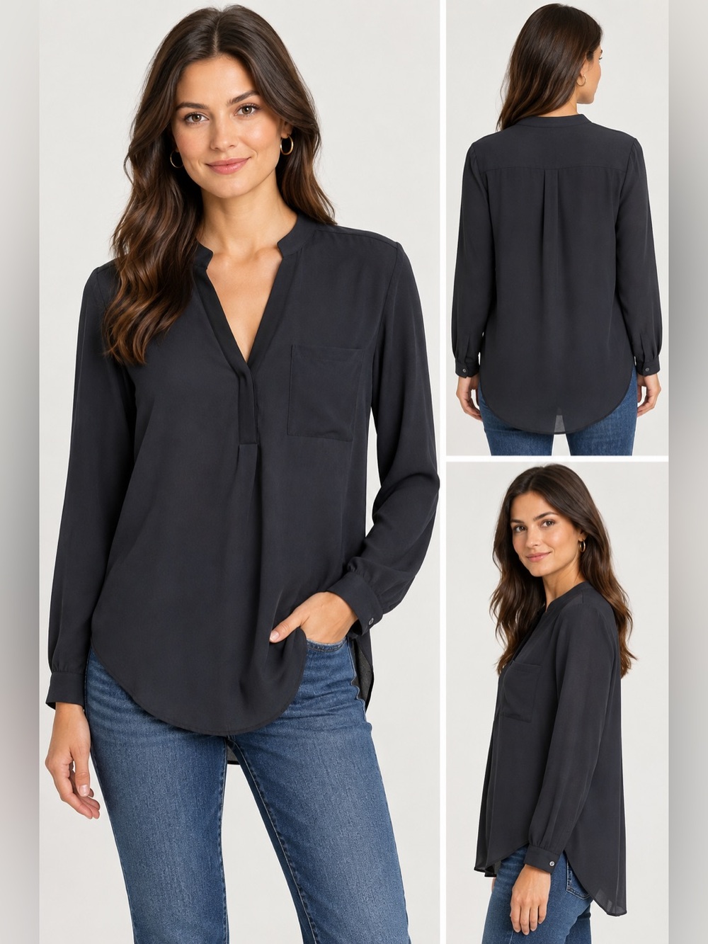 LUSH Black Split V-Neck High Low Tunic Blouse Single Pocket Size Small